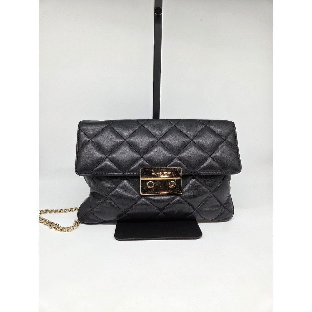 Michael Kors Sloan Small Quilted Leather Chain Shoulder Bag Black Gold